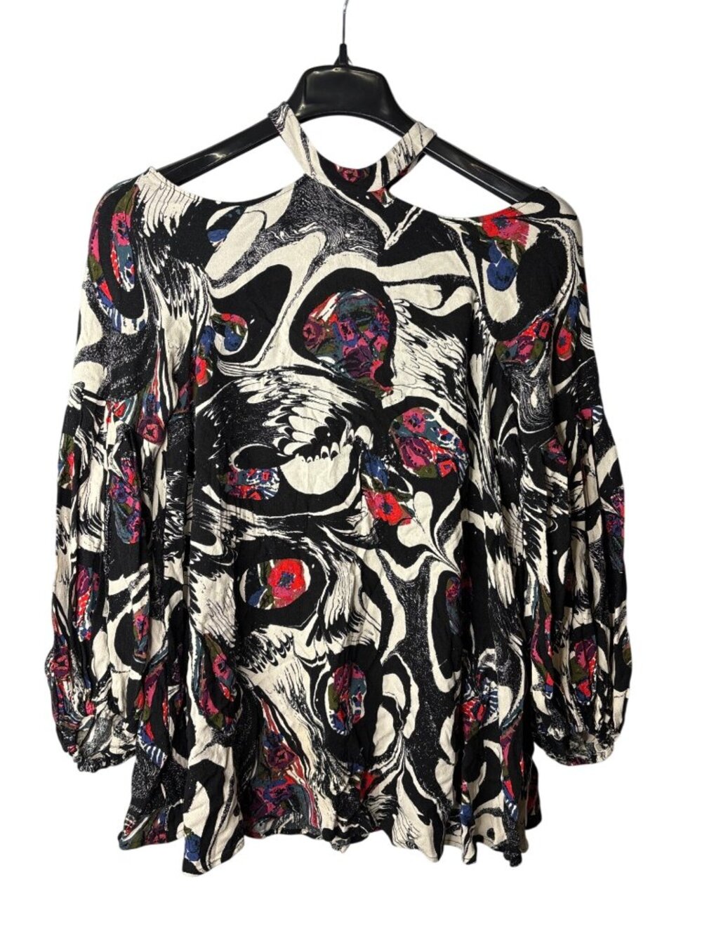 Free People Drift Away Tunic Top Size S Cold Shoulder Halter Neck Abstract